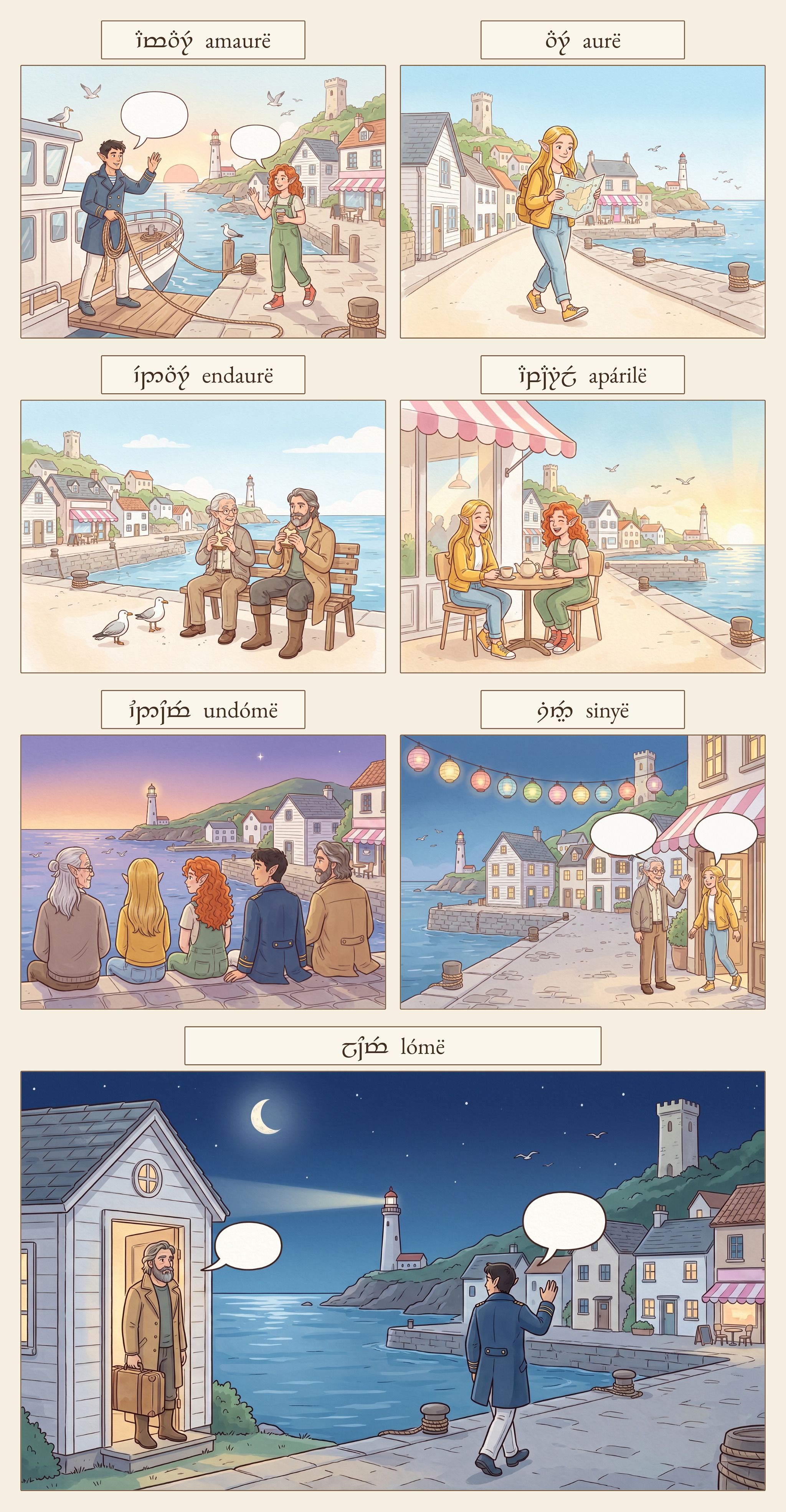 Seven panels of one day in a harbour town, each labelled in Tengwar and Latin letters: at sunrise a ferry officer waves to a woman with a cup (amaurë); a young woman with a map in a sunny street (aurë); two men eating sandwiches on a bench at midday (endaurë); two women at a café in the afternoon (apárilë); five friends on the harbour wall at twilight (undómë); a teacher greeting a young woman under coloured lanterns in the evening (sinyë); and at night a man with a suitcase at a guesthouse door while another walks away waving (lómë).