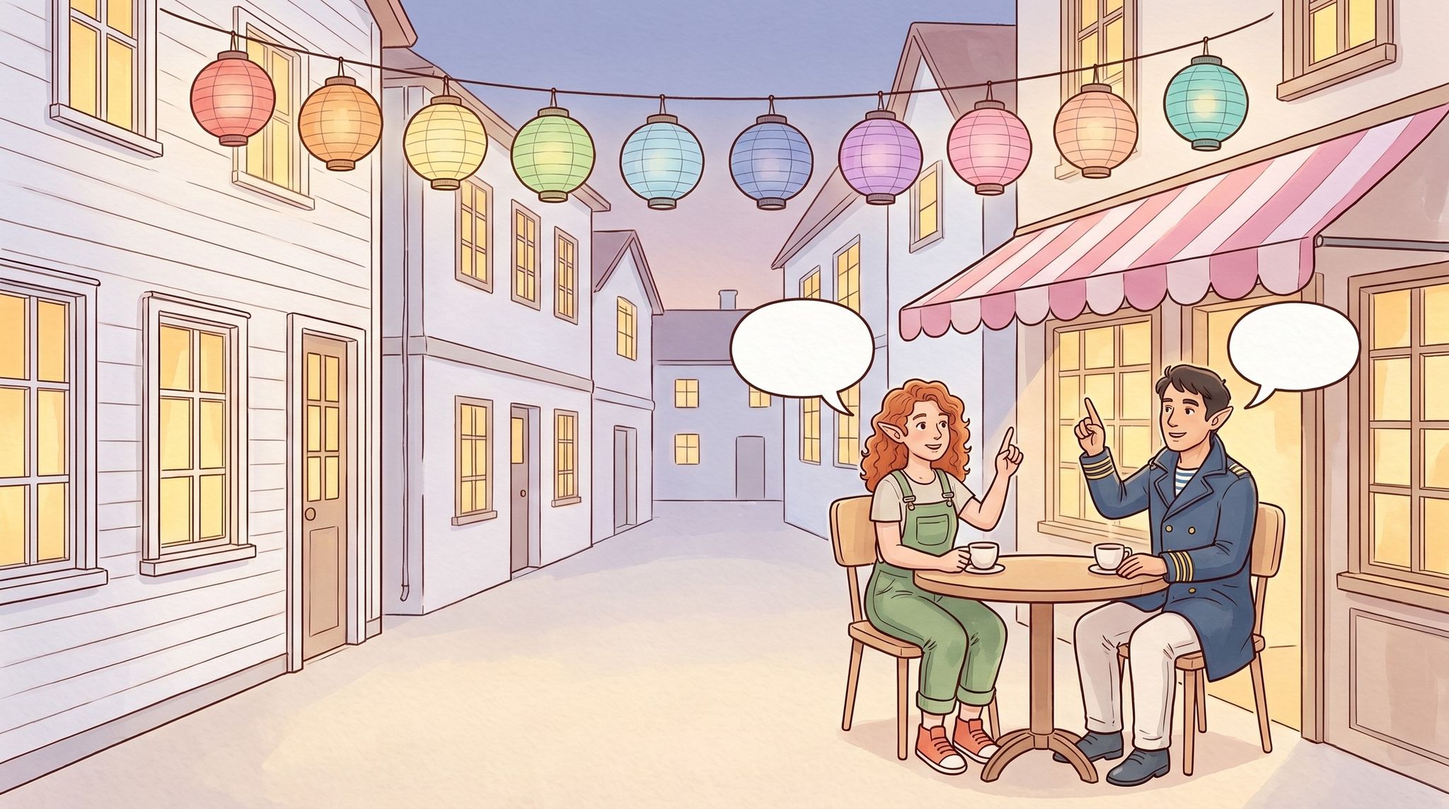 Ten round paper lanterns in different colours hang in a row across a street at dusk; below them a woman and a man at a café table point up at the lanterns.