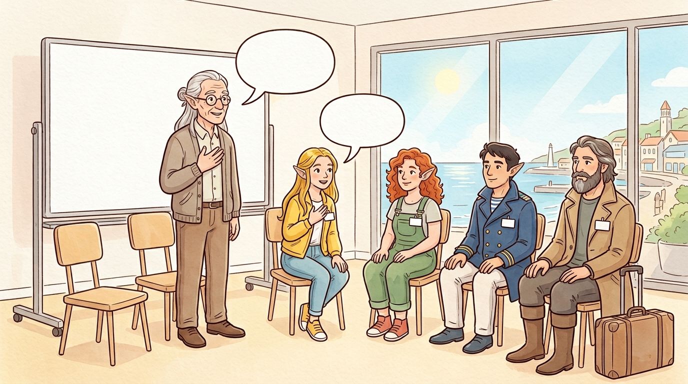 Um professor de cabelo comprido prateado e óculos redondos está junto a um quadro branco vazio, com a mão no peito, se apresentando a quatro alunos adultos sentados em uma fileira curva; uma jovem de cabelo dourado responde a ele com a mão no peito. Os alunos usam crachás em branco.