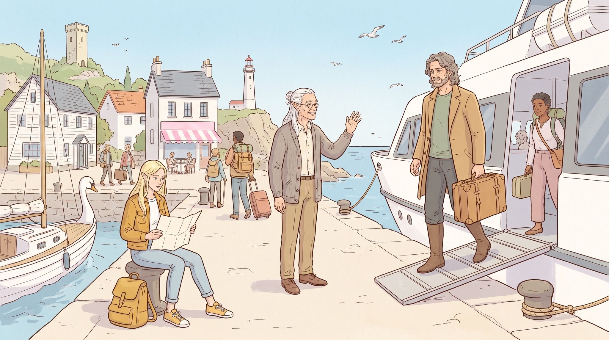 Viajantes com malas descem a rampa de uma balsa para um cais ensolarado com casas brancas e um pequeno farol; um homem de barba é recebido por um homem mais velho de cabelo prateado que acena para ele, e uma jovem com mochila amarela consulta um mapa de papel. Um pequeno barco com proa em forma de cisne está atracado ao lado.